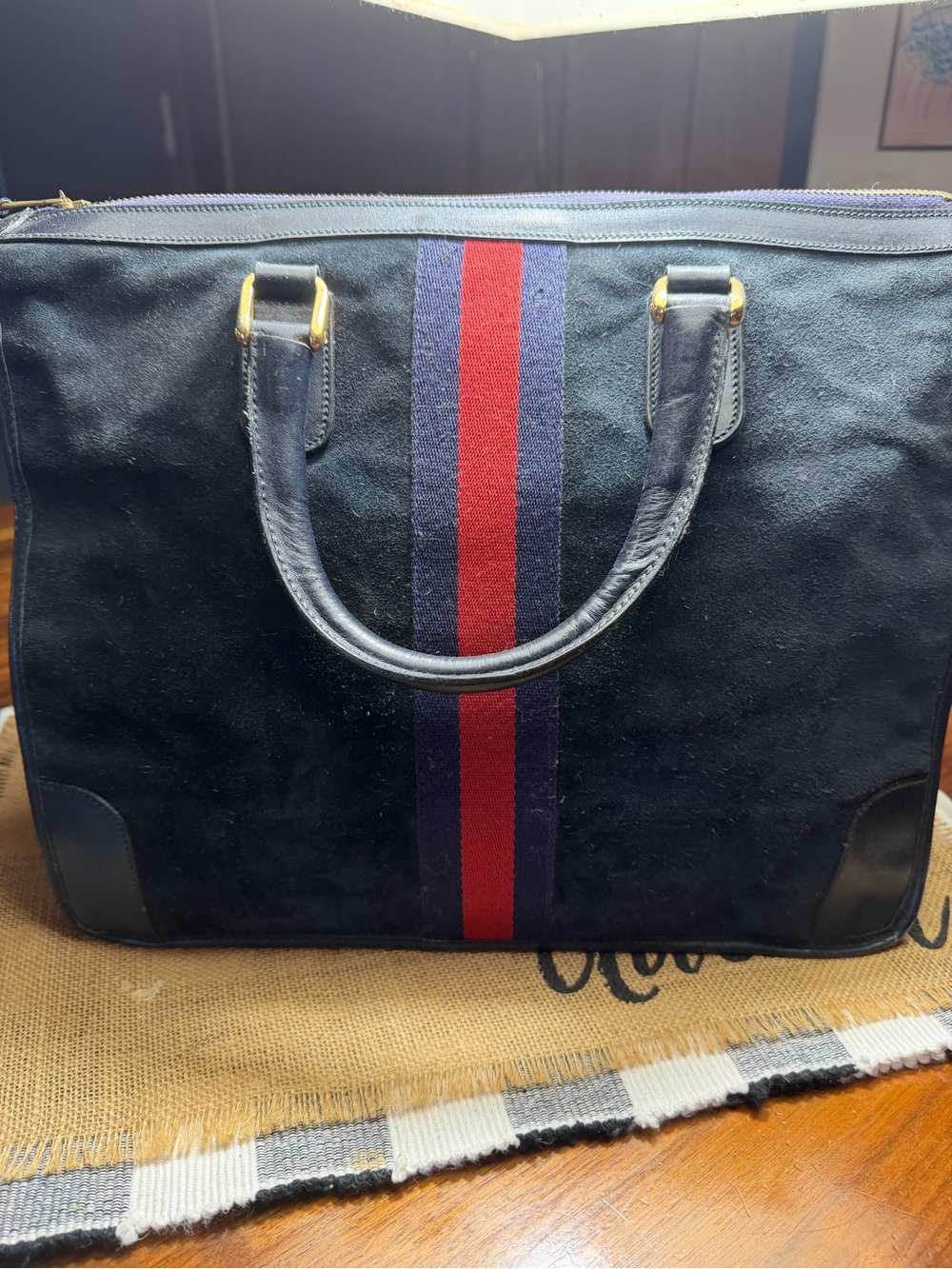 Vintage Gucci s Navy Sherry line handbag  13.7 x 11.4” navy suede red stripe